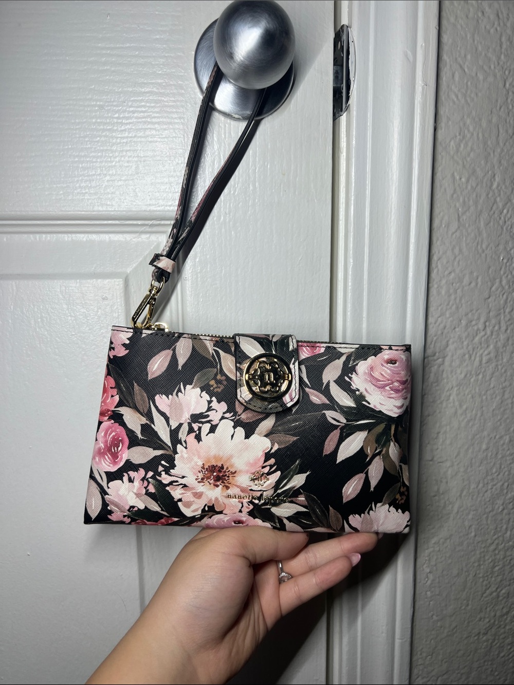 Nanette Lepore Black Floral Wristlet Clutch with Pink Roses